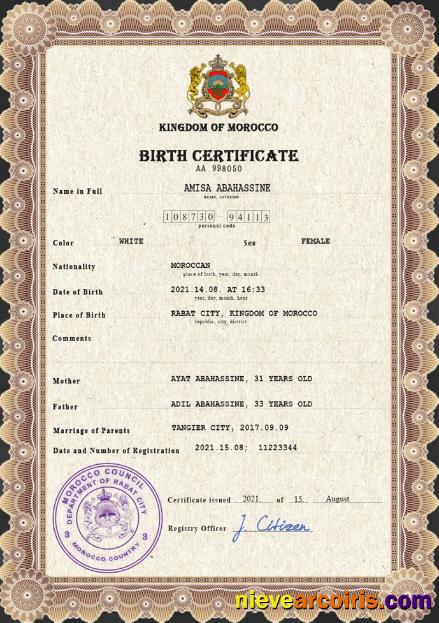 Morocco vital record birth certificate